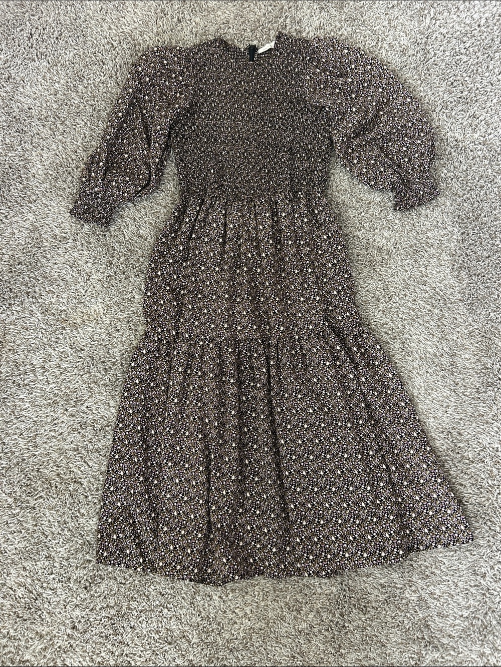 Smocked Midi Dress with Puff Sleeves in black/green/purple floral